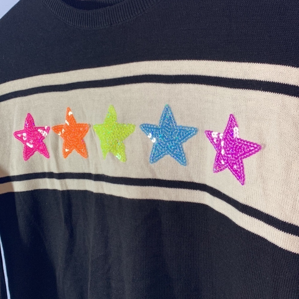 PLACE size 14 XL black sweater neon rainbow stars striped rainbow cuffs - Picture 2 of 10